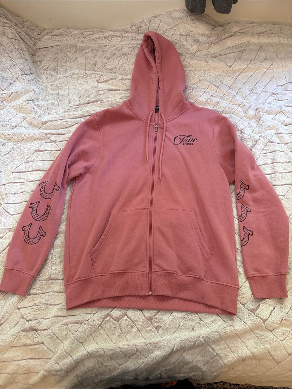 True Religion Dusty Rose Full-Zip Hoodie with Horseshoe Sleeve Graphics